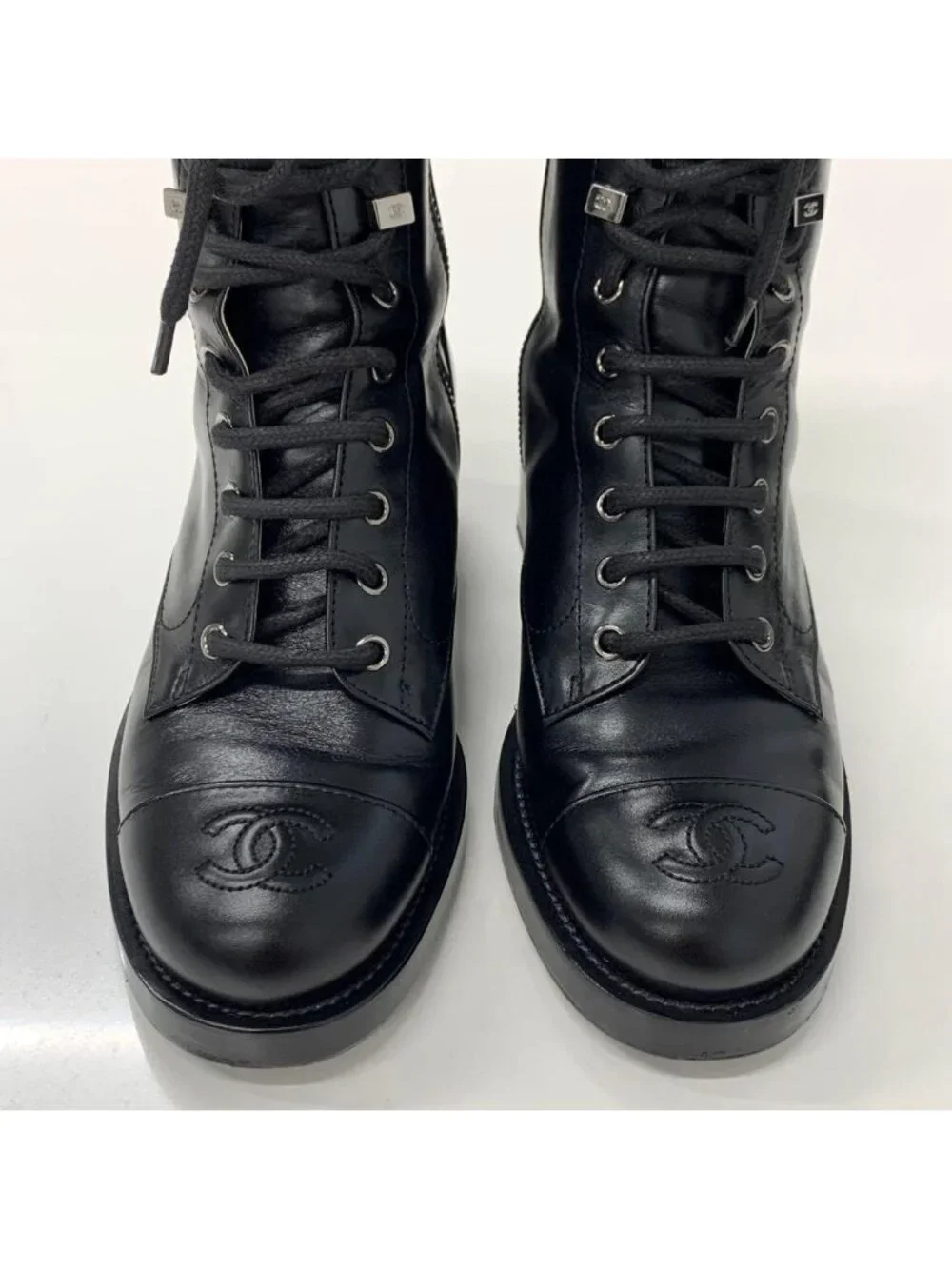 Chanel CC Logo Leather Lace-up Short Boots Black